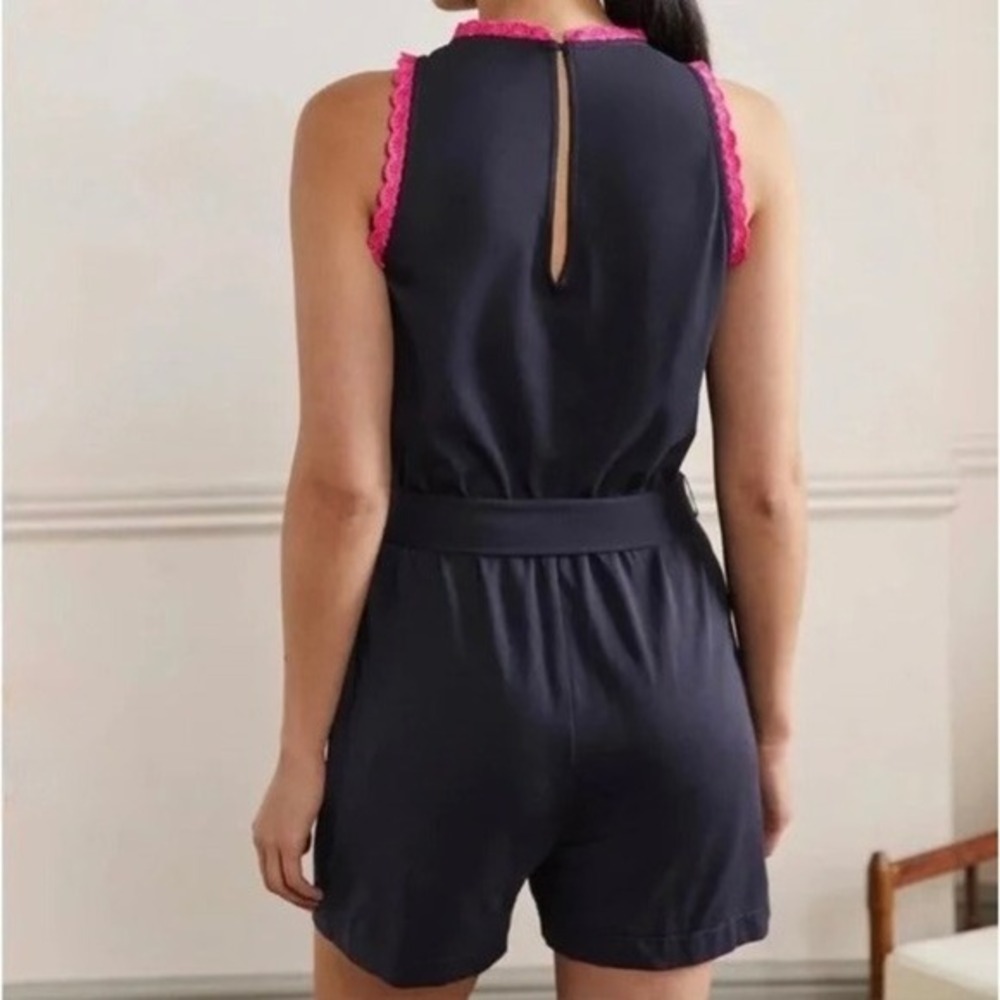 BODEN Caitlin Jersey Knit Romper Playsuit Crochet Trims Navy Blue Pink 8 Tall - Picture 9 of 16